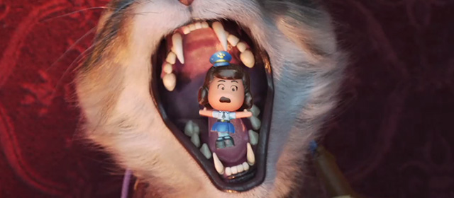 Toy Story 4 - Giggles falling into tabby cat Dragon's mouth