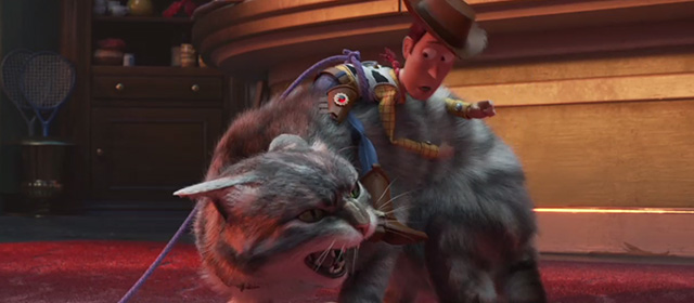 Toy Story 4 - tabby cat Dragon hissing at Woody on his back
