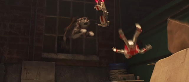 Toy Story 4 - tabby cat Dragon leaping after Duke Kaboom through antique store window