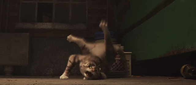 Toy Story 4 - tabby cat Dragon crashing into dumpster