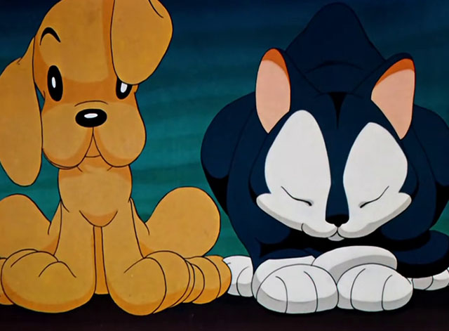 Toy Trouble - cartoon blue and white cat sleeping next to stuffed dog