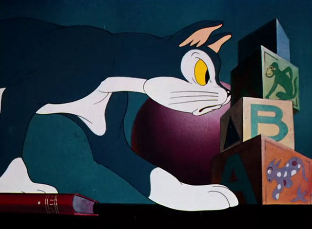 Toy Trouble - cartoon blue and white cat stalking