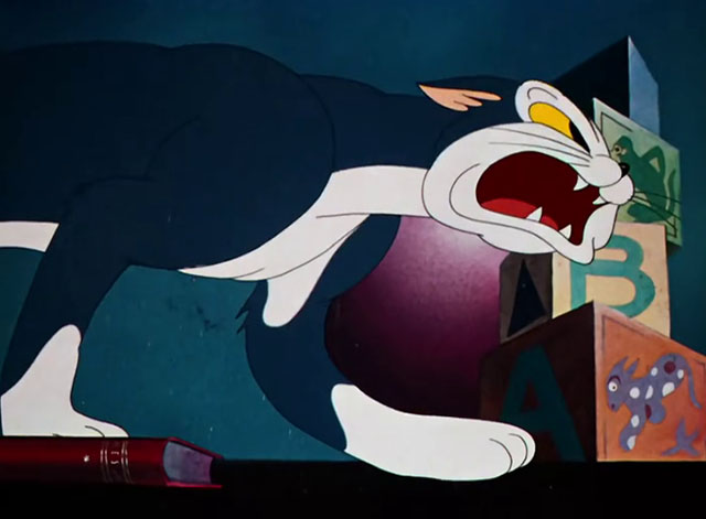 Toy Trouble - cartoon blue and white cat growling