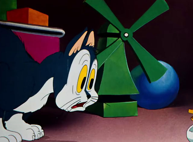 Toy Trouble - cartoon blue and white cat looking scared
