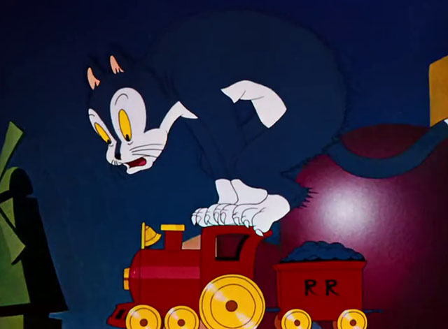 Toy Trouble - cartoon blue and white cat riding on toy train