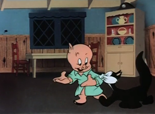 Trap Happy Porky - Porky Pig welcomes in black and white cat