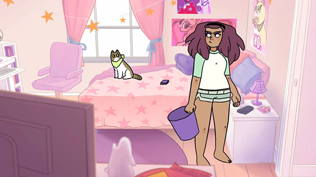 Trash Cat - cat on bed looks at girl with trash can