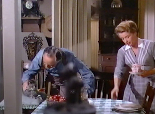 The Treasure of Lost Canyon - Doc Brown Willam Powell petting brown tabby cat Miss Lucy at breakfast table with Samuella Rosemary DeCamp