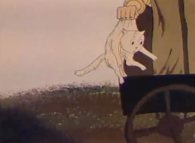 The Tree and the Cat - white cat being thrown from moving wagon