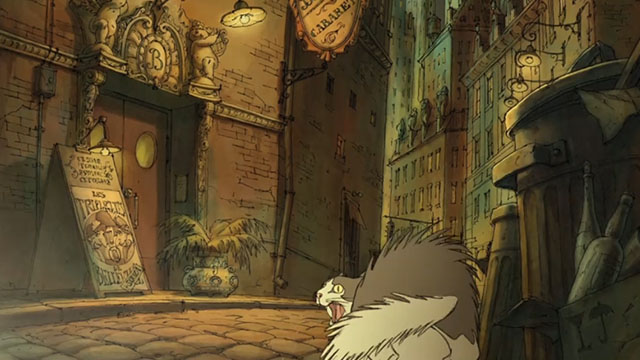 The Triplets of Belleville - gray and white cartoon alley cat hissing and arching back