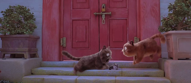 Turning Red - two cats and kitten startled by temple gate