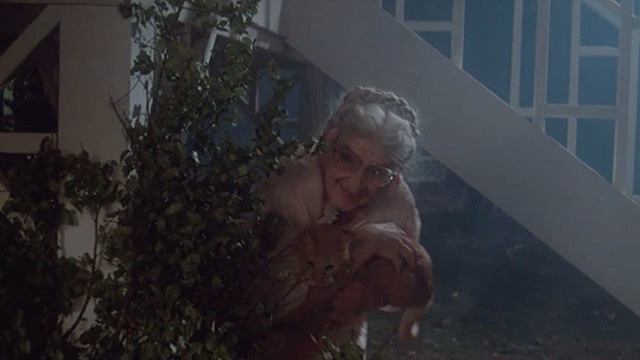 Twilight Zone: The Movie - Mrs. Dempsey Helen Shaw and orange tabby cat hiding behind bush