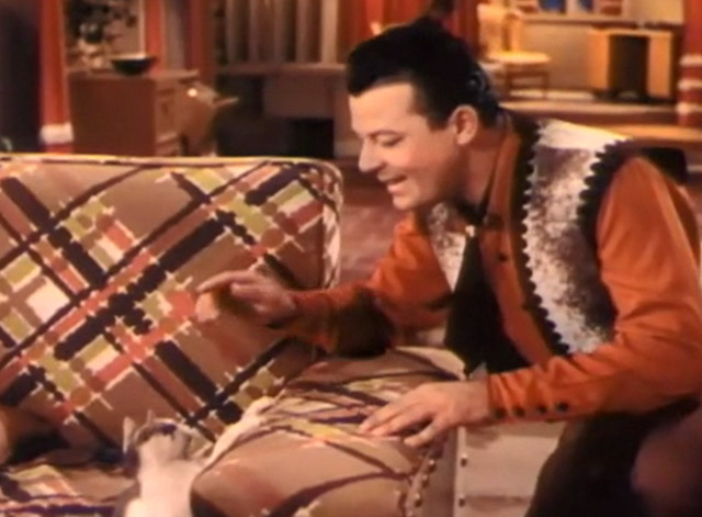 Two Guys from Texas - Danny Jack Carson reaching out to pet grey and white cat on couch