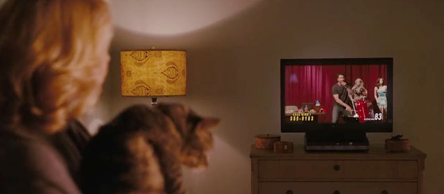 The Ugly Truth - Abby Katherine Heigl holding brown tabby cat D'Artagnan while watching Mike Gerard Butler on television