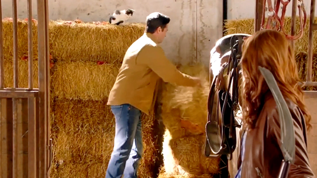 Under the Autumn Moon - Alex Lindy Booth and Josh Wes Brown in stable with white and black cat on bales of hay