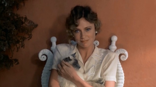 Under the Volcano - Yvonne Jacqueline Bisset holding Burmese cat Oedipus in lap