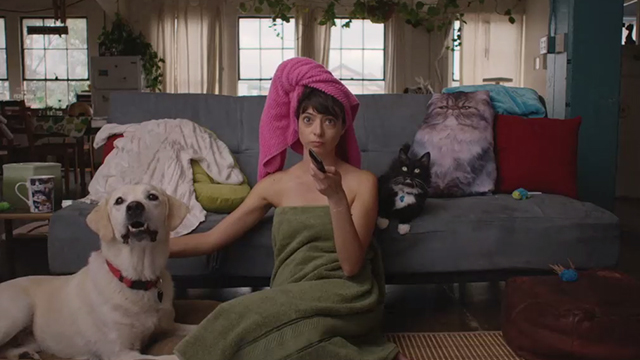 Unleashed - Emma Kate Micucci watching tv with tuxedo cat Ajax and dog Summit