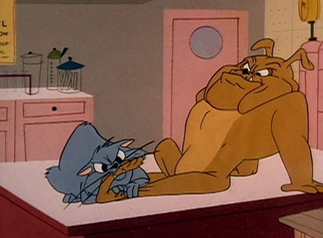Unnatural History - gray cartoon cat biting down on bulldog's foot
