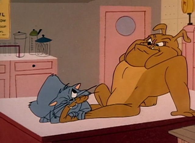 Unnatural History - gray cartoon cat biting down on bulldog's foot