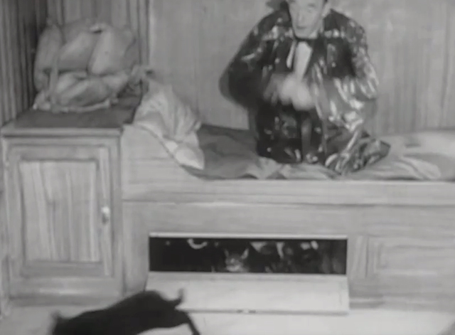 Utopia - Stan Laurel on bunk looking at cats in compartment