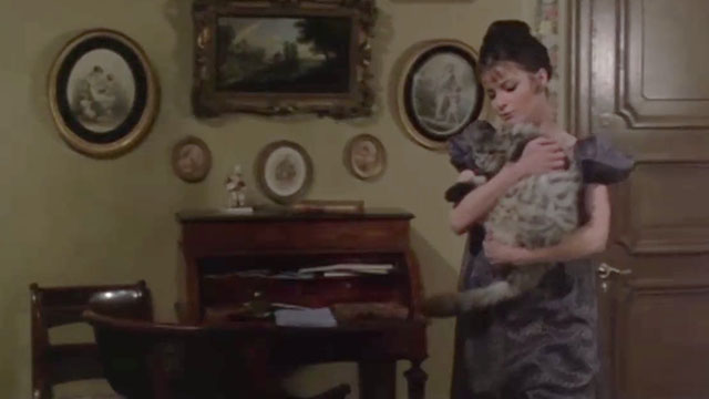 The Vampire Lovers - longhair grey tabby cat Gustav held by Mme. Perrodot Kate O’Mara