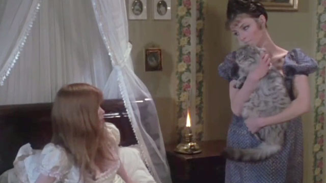 The Vampire Lovers - longhair grey tabby cat Gustav held by Mme. Perrodot Kate O’Mara with Emma Madeline Smith