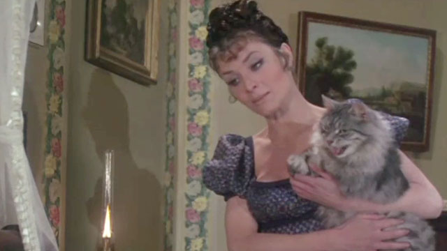 The Vampire Lovers - longhair grey tabby cat Gustav meowing while held by Mme. Perrodot Kate O’Mara
