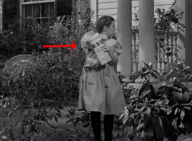 The Vanishing Virginian - Caroline Juanita Quigley holding white cat Tabitha and newspaper