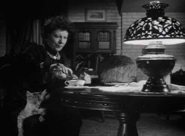 The Verdict - large long-haired tabby cat on Mrs. Benson Rosalind Ivan lap as she pours liquor into tea