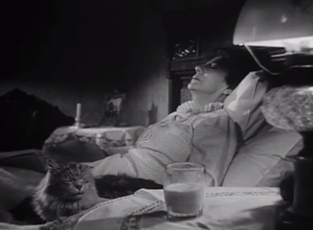 The Verdict - large long-haired tabby cat lying on bed with Mrs. Benson Rosalind Ivan