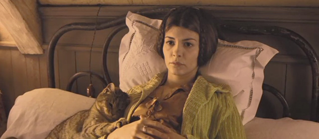 A Very Long Engagement - tabby cat on bed cuddling with Mathilde Audrey Tautou