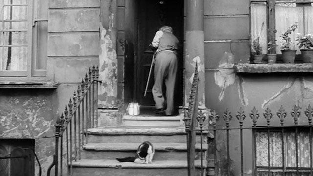 Violent Moment - tuxedo cat on front step of rooming house with Mr. Hendricks Martin Miller