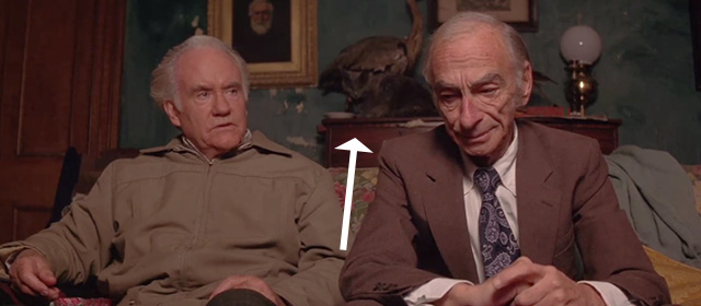 Waking Ned Devine - Jackie O'Shea Ian Bannen and Michael O'Sullivan David Kelly on couch with gray cat behind them on dresser