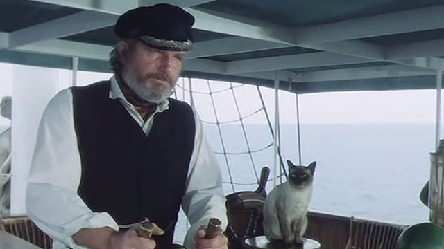 Warlords of Atlantis - Captain Daniels Shane Rimmer and Siamese cat on boat