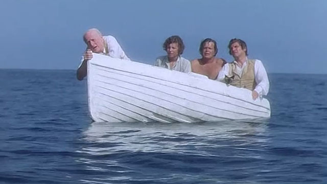 Warlords of Atlantis - Captain Daniels Shane Rimmer, Sandy Ashley Knight, Greg Doug McClure, Charles Peter Gilmore and Siamese cat in lifeboat