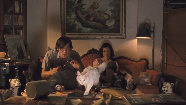Watching the Detectives - Neil Cillian Murphy and Violet Lucy Liu sitting on couch watching television surrounded by longhair cats