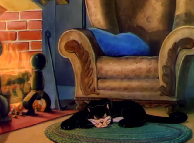 The Wayward Pups - cartoon black cat sleeping in front of fireplace
