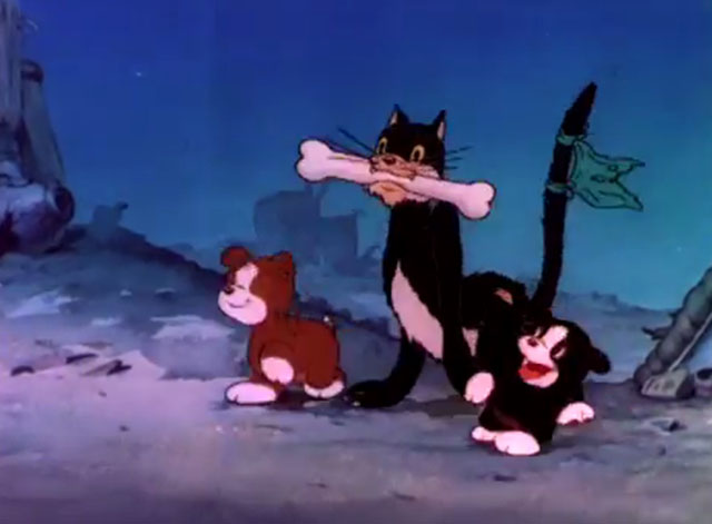 The Wayward Pups - cartoon black cat marching home like The Spirit of '76 with puppies