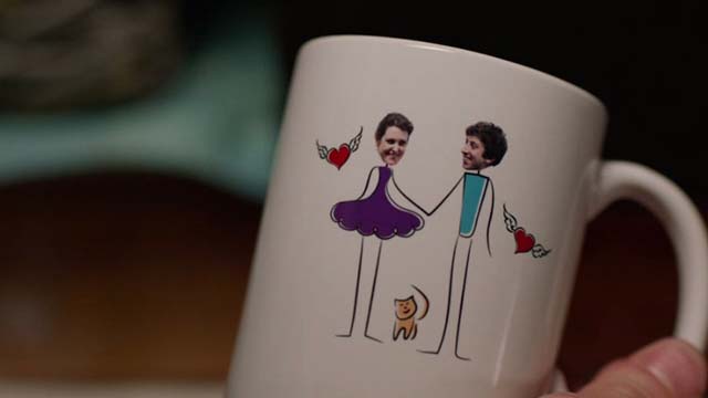 We'll Never Have Paris - coffee cup with drawings and photos of Quinn Simon Helberg and Devon Melanie Lynsky with cartoon cat