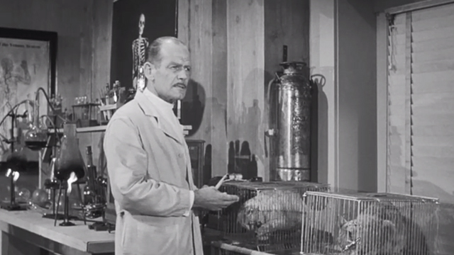The Werewolf - Dr. Chambers George Lynn feeding tabby cat through wires in cage