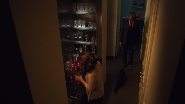 When the Bough Breaks - long haired tuxedo cat Miss Havisham lying on floor with John Morris Chestnut and Laura Regina Hall