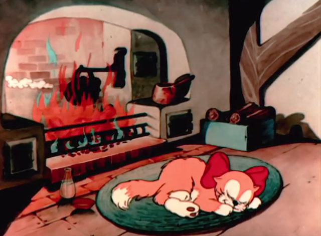 When the Cat's Away - orange and white cartoon cat with red bow sleeping in front of fireplace