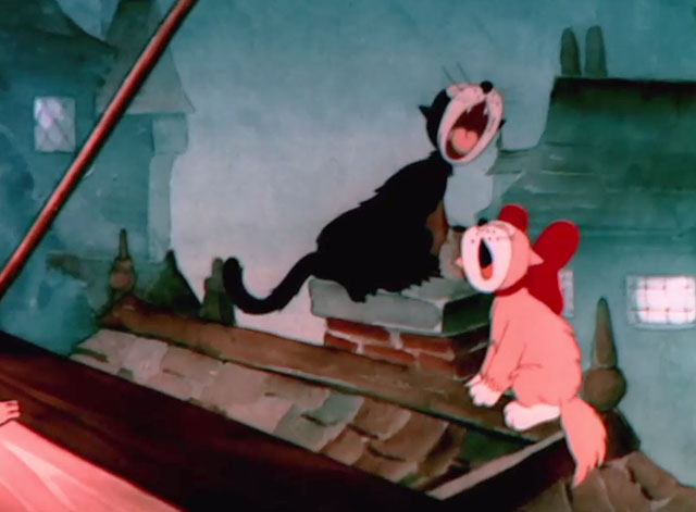 When the Cat's Away - orange and white cartoon cat and black tom cat on rooftop yowling