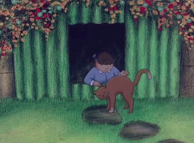 When the Wind Blows - little girl Hilda picking up cartoon brown cat from outside bomb shelter
