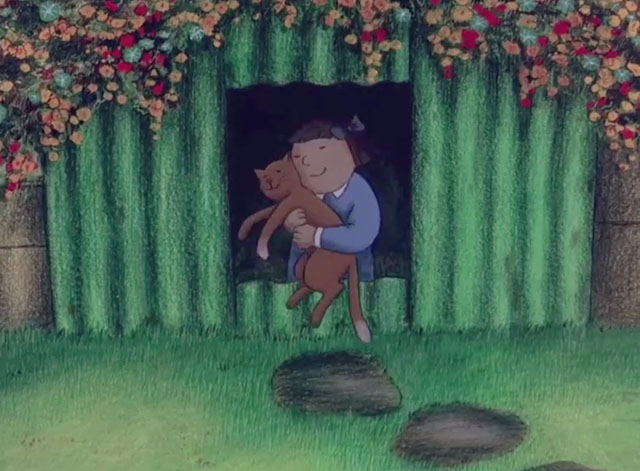 When the Wind Blows - little girl Hilda hugging cartoon brown cat inside bomb shelter