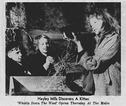 Whistle Down the Wind - Kathy Hayley Mills, Nan Diane Holgate and Charlie Alan Barnes with kitten in newspaper article