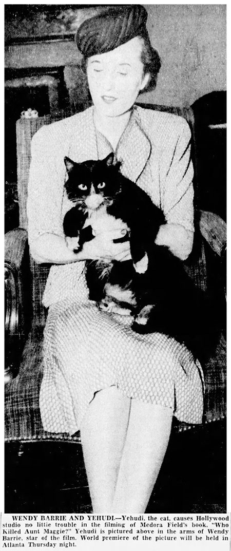 Who Killed Aunt Maggie? - newspaper article with photo of Wendy Barrie and longhair tuxedo cat Yehudi