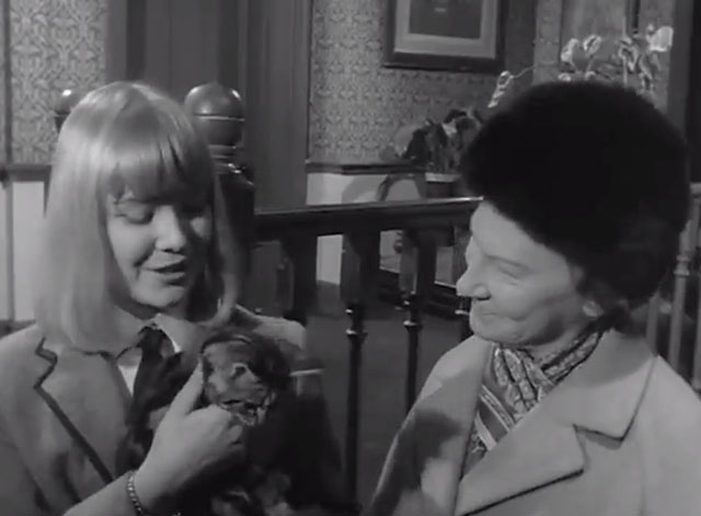 Who Killed the Cat? - Mary Natasha Pyne holding tabby kitten Tabitha on lap with Mrs. Sandforth Joan Sanderson