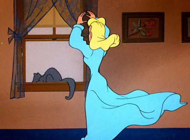 Wild Wife - gray cartoon cat sleeping on window sill as housewife Marsha approaches