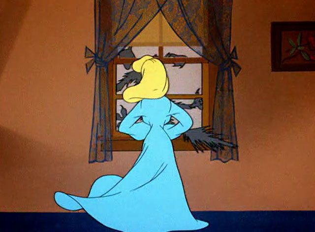 Wild Wife - gray cartoon cat having window slammed down on his tail by housewife Marsha